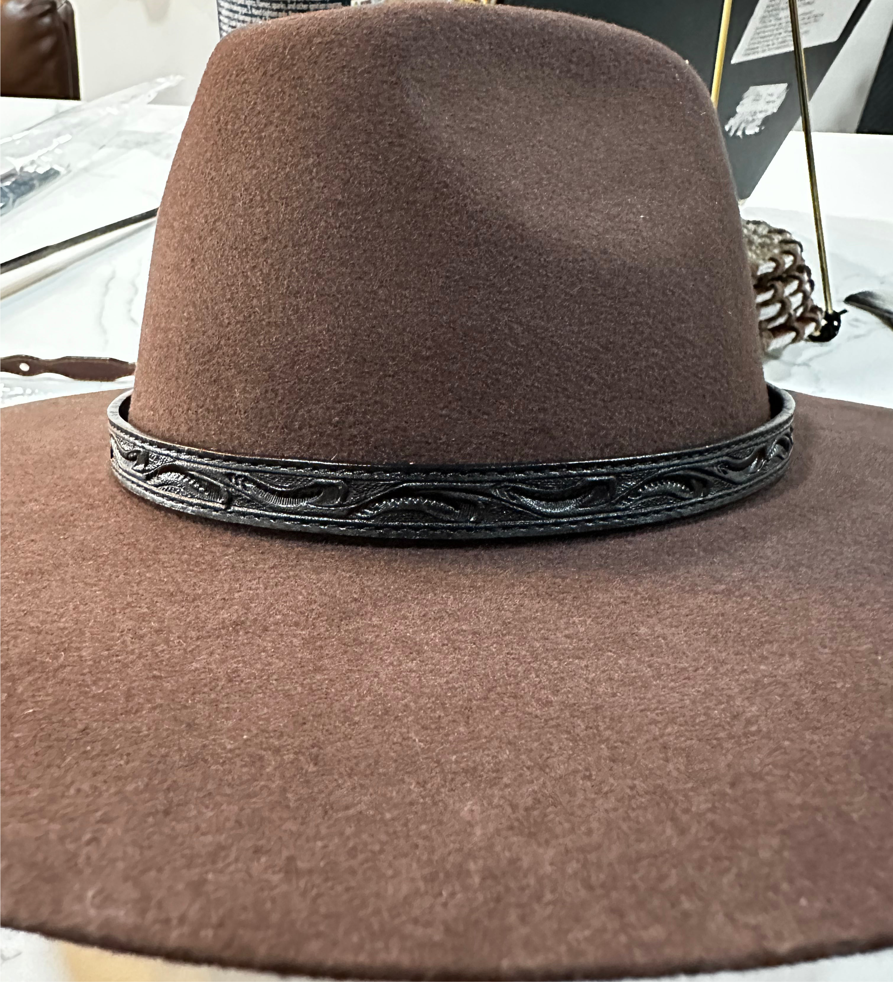 Hand Tooled Buck Leather Hat Band