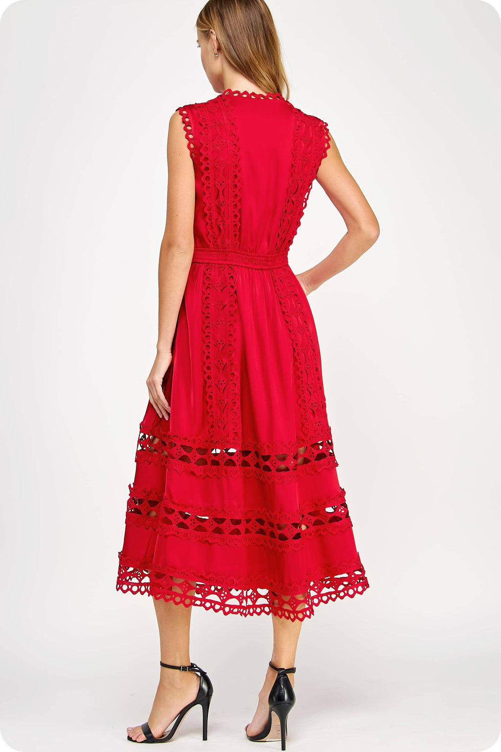 Scallop Edge Crochet Trim Satin Midi Dress