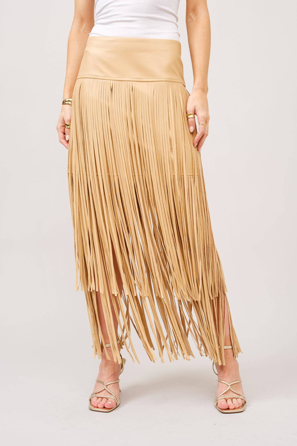 Taupe Leather Tiered Fringe Maxi Skirt