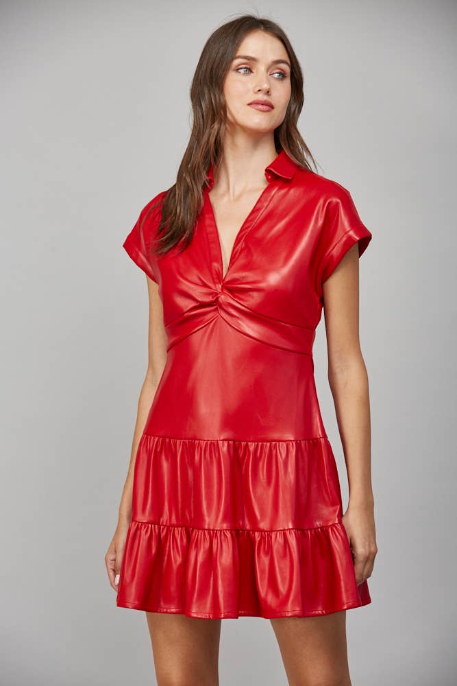 TWISTED FRONT FAUX LEATHER DRESS