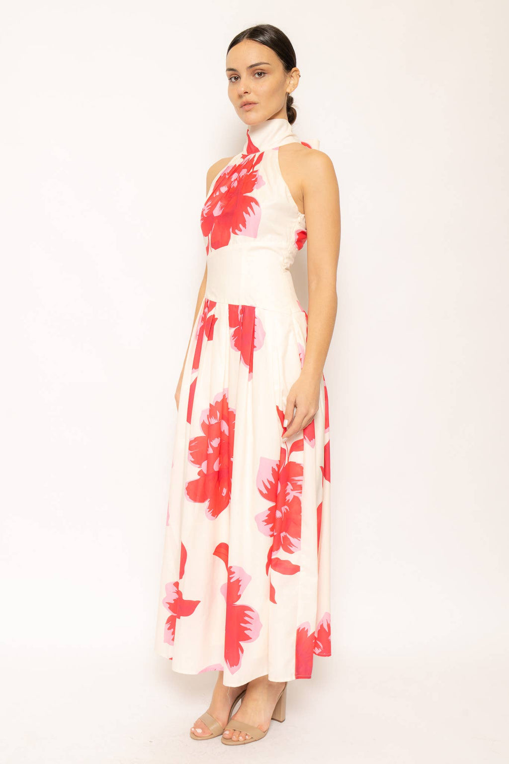 PLEATED FLORAL HALTER NECK DRESS
