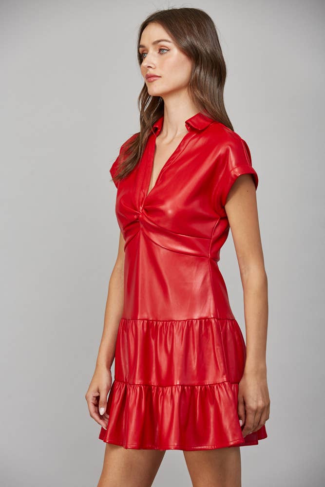 TWISTED FRONT FAUX LEATHER DRESS