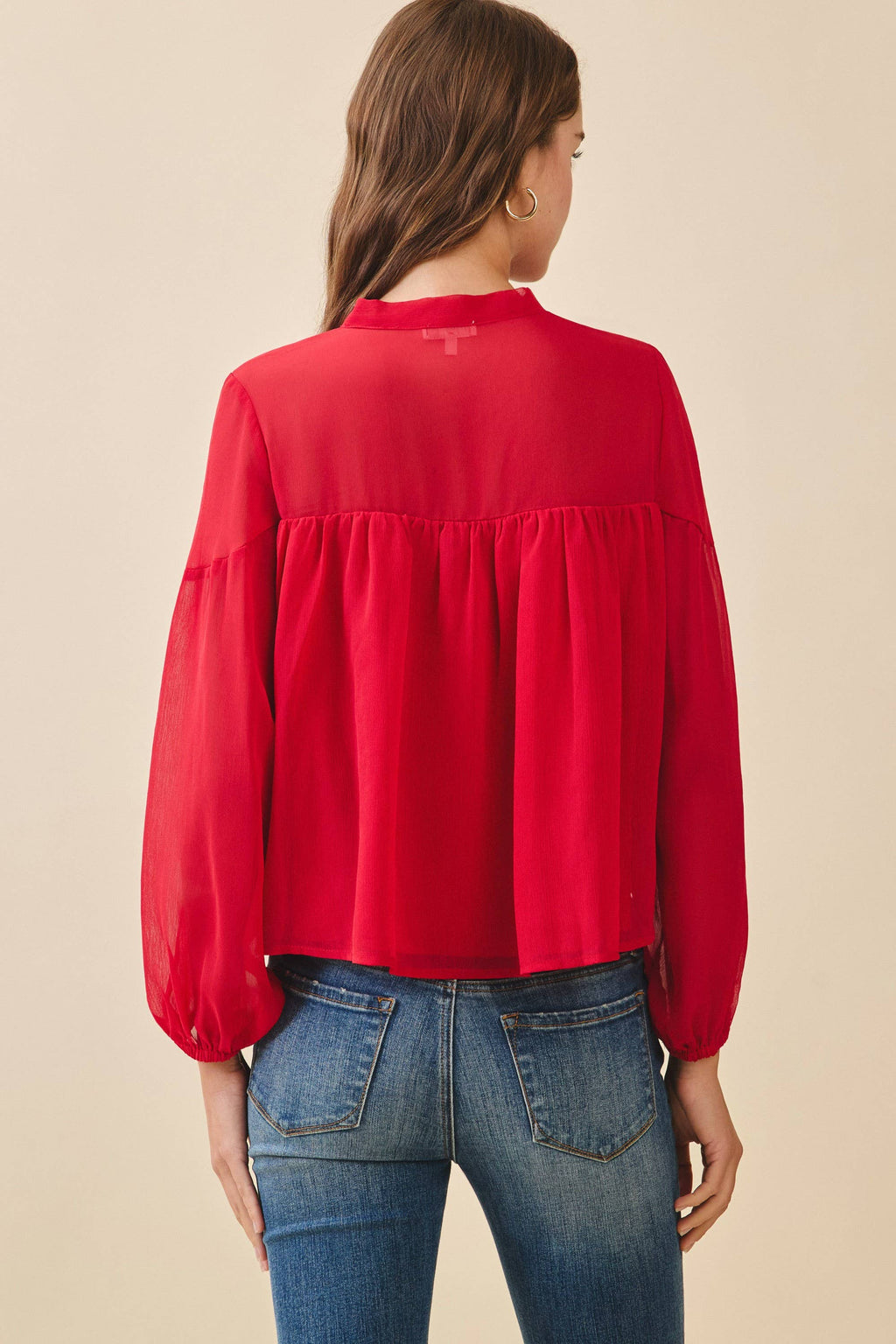 CT9649-Chiffon Tie Neck Sheer Yoke Dropped Shoulders Top