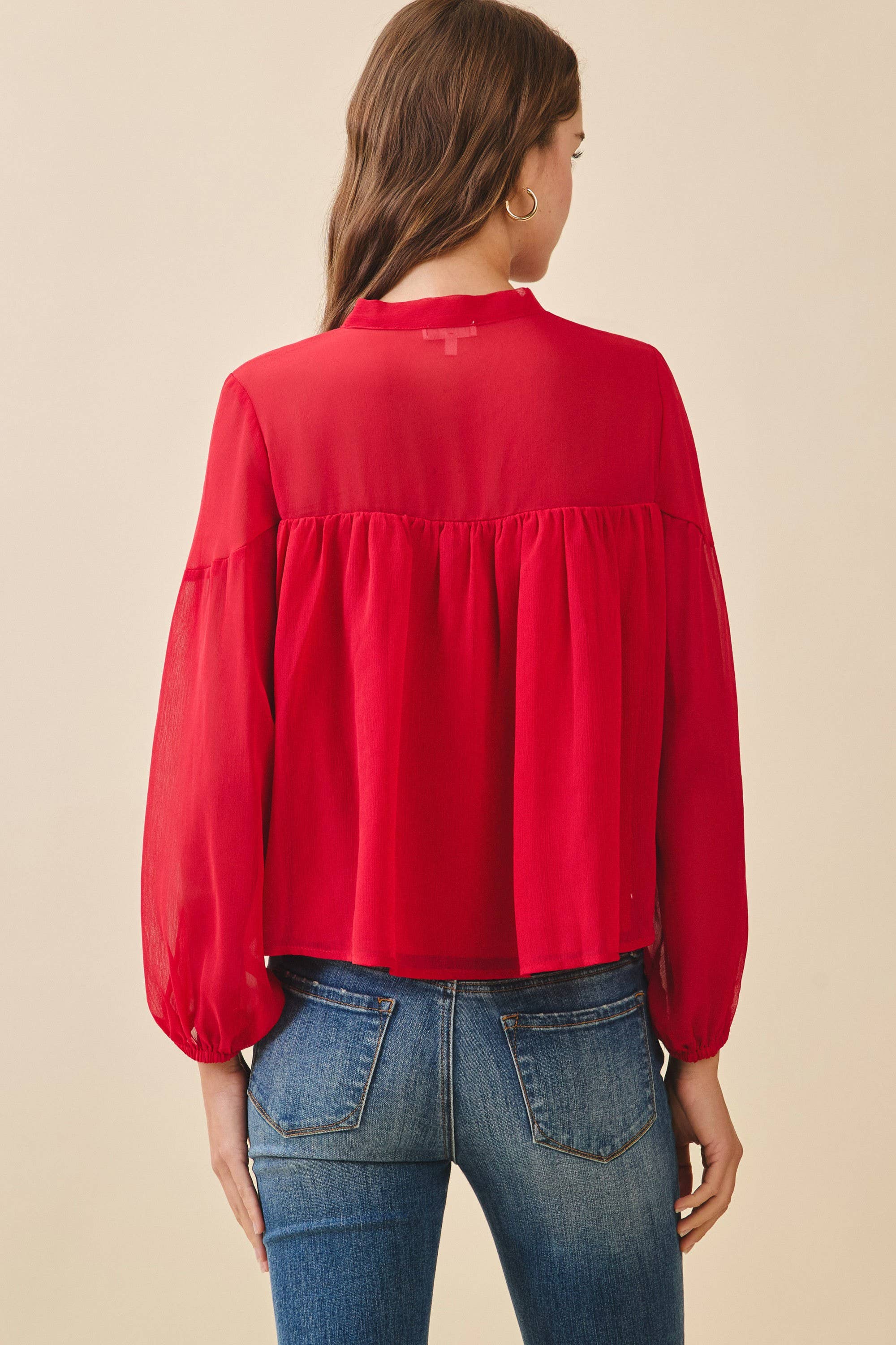 CT9649-Chiffon Tie Neck Sheer Yoke Dropped Shoulders Top