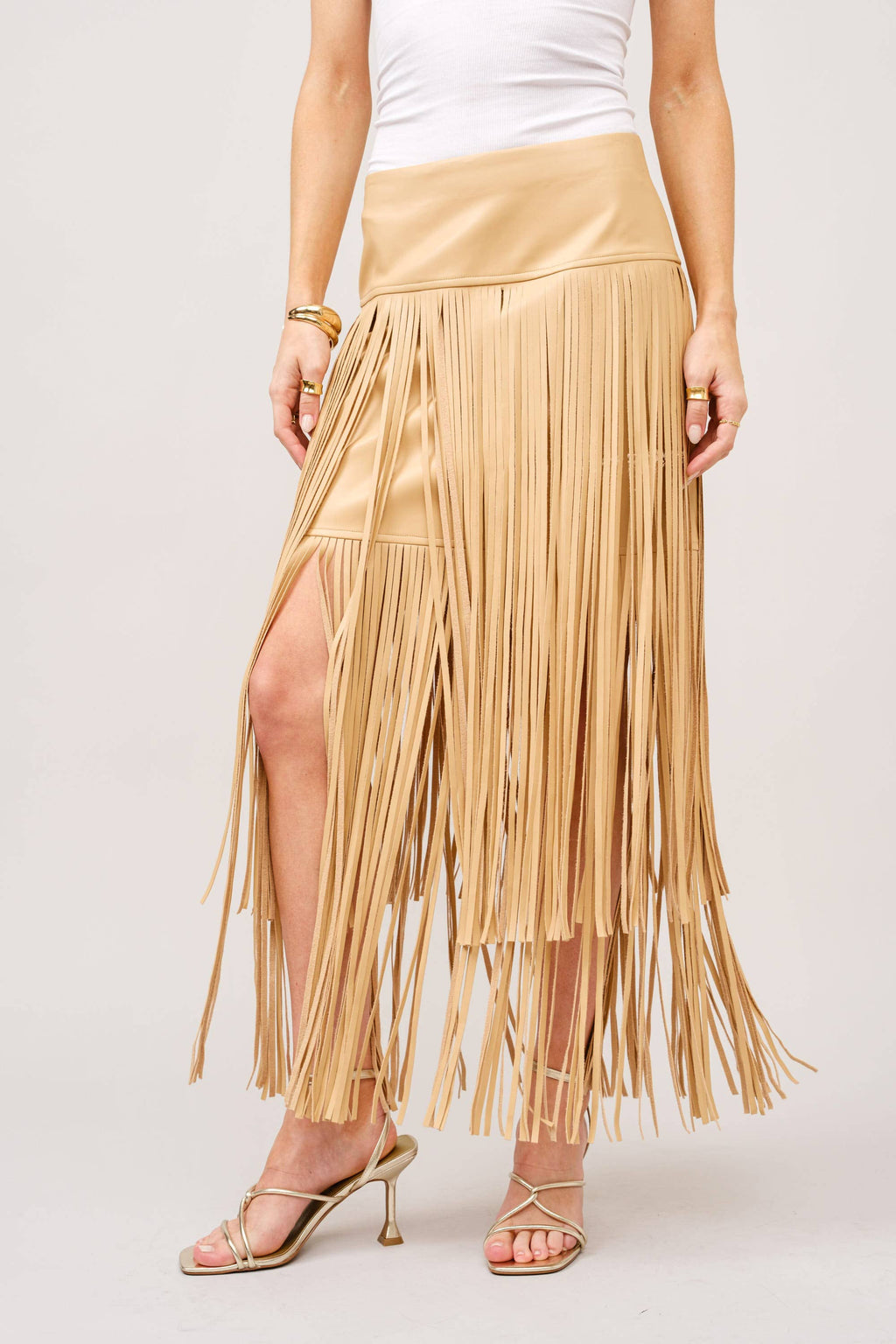 Taupe Leather Tiered Fringe Maxi Skirt