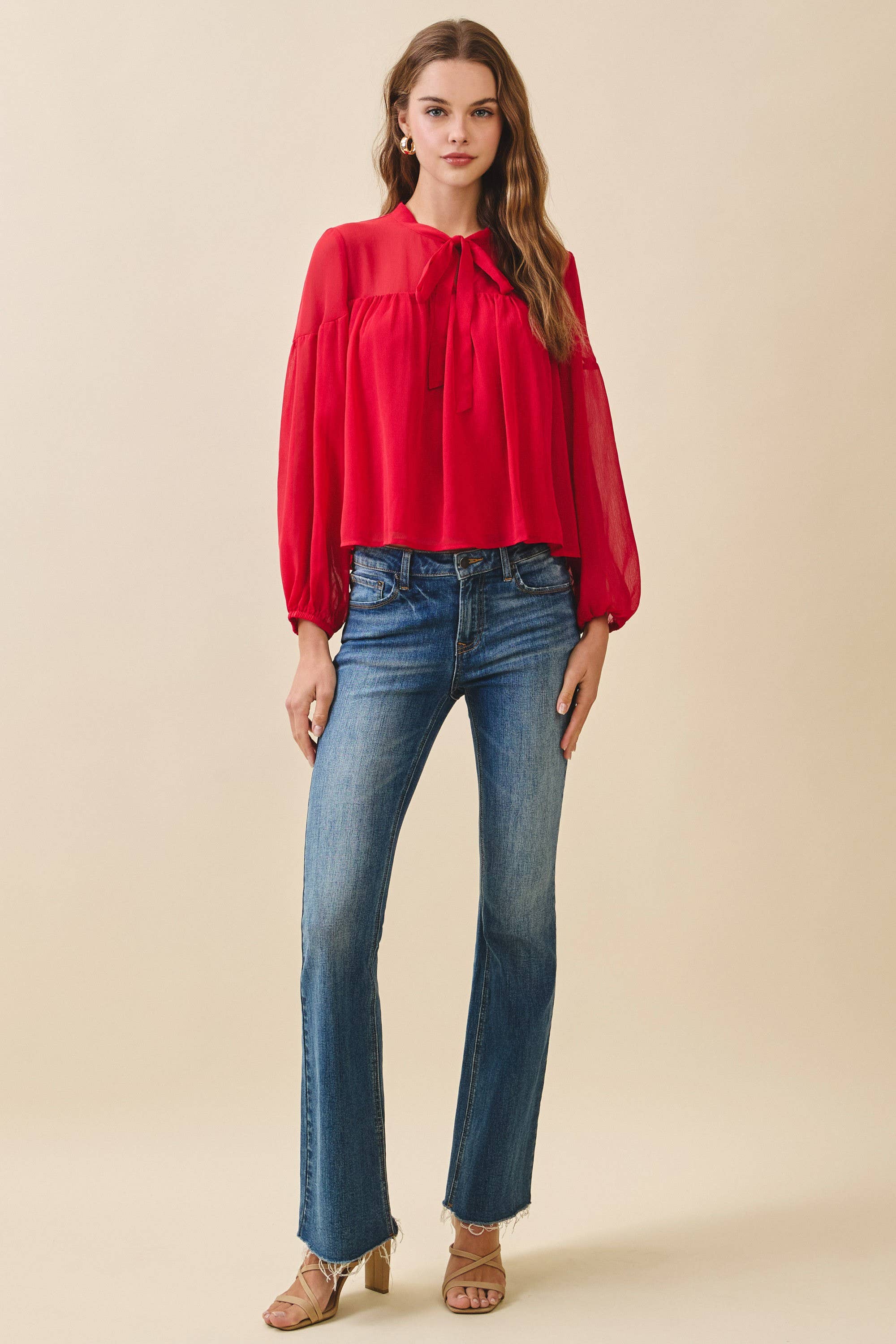 CT9649-Chiffon Tie Neck Sheer Yoke Dropped Shoulders Top