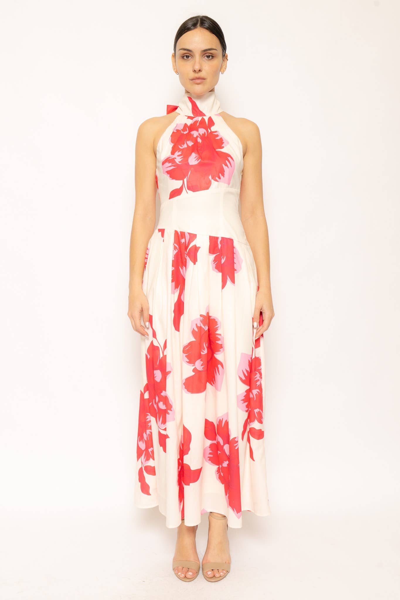 PLEATED FLORAL HALTER NECK DRESS