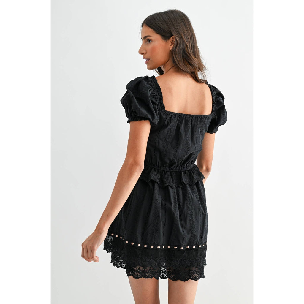 BLACK LACE MINI DRESS WITH SCALLOPED DETAILING
