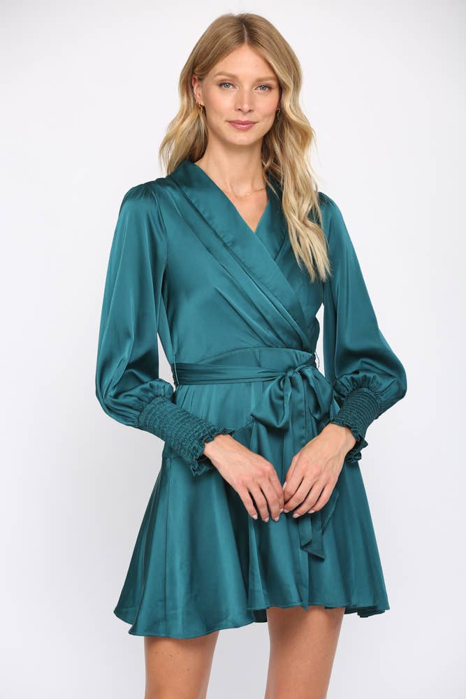 SATIN TIE WAIST WRAP DRESS