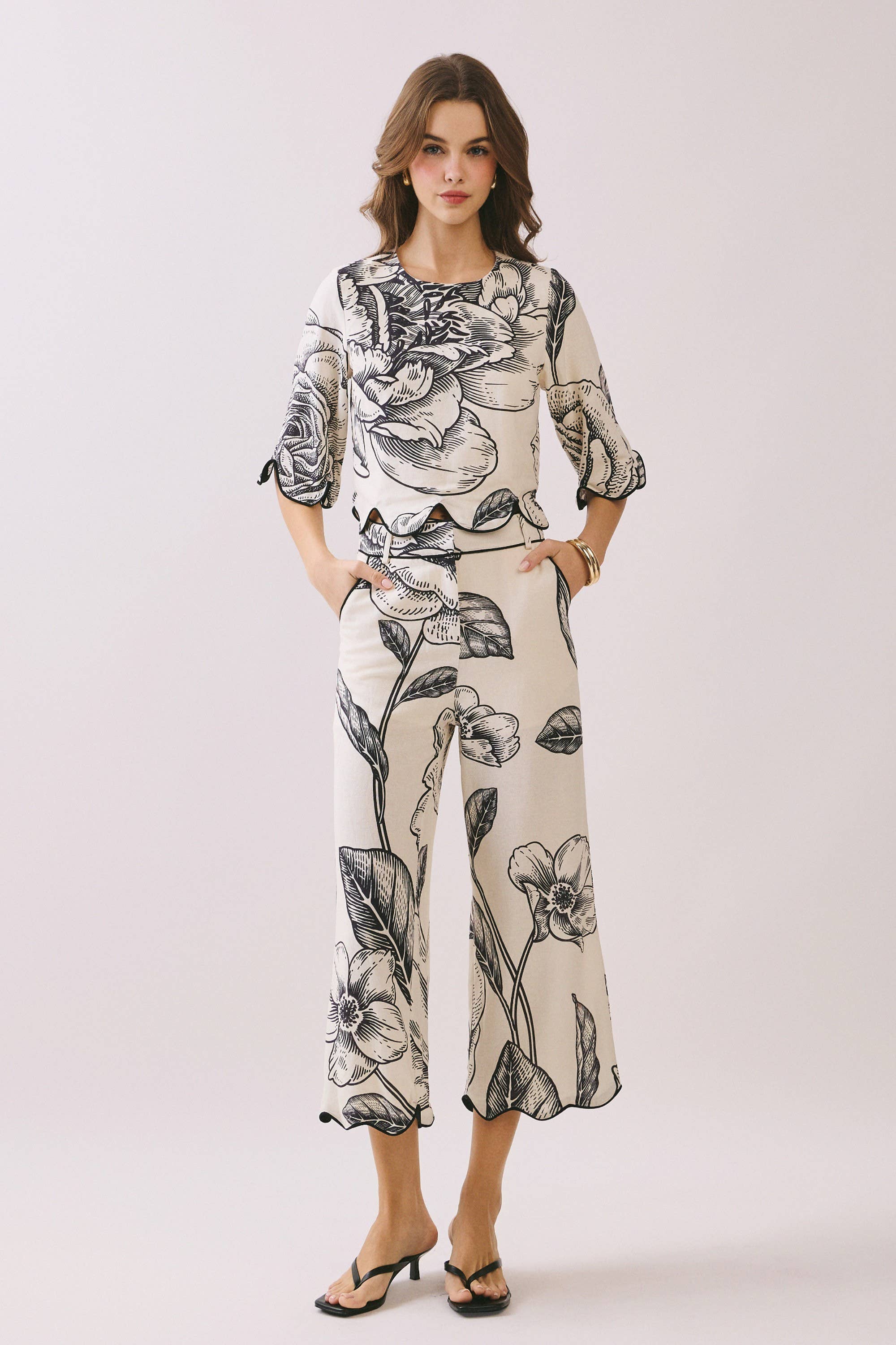 Floral Print Wide Leg Cropped Silhouette Pants