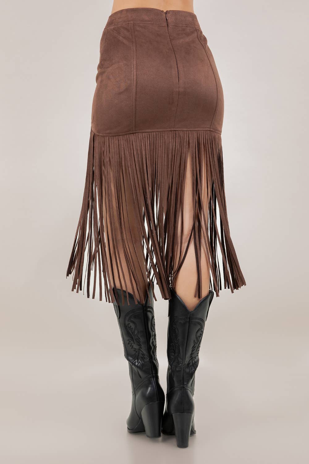 CHOCOLATE FRINGED FAUX SUEDE SKIRT