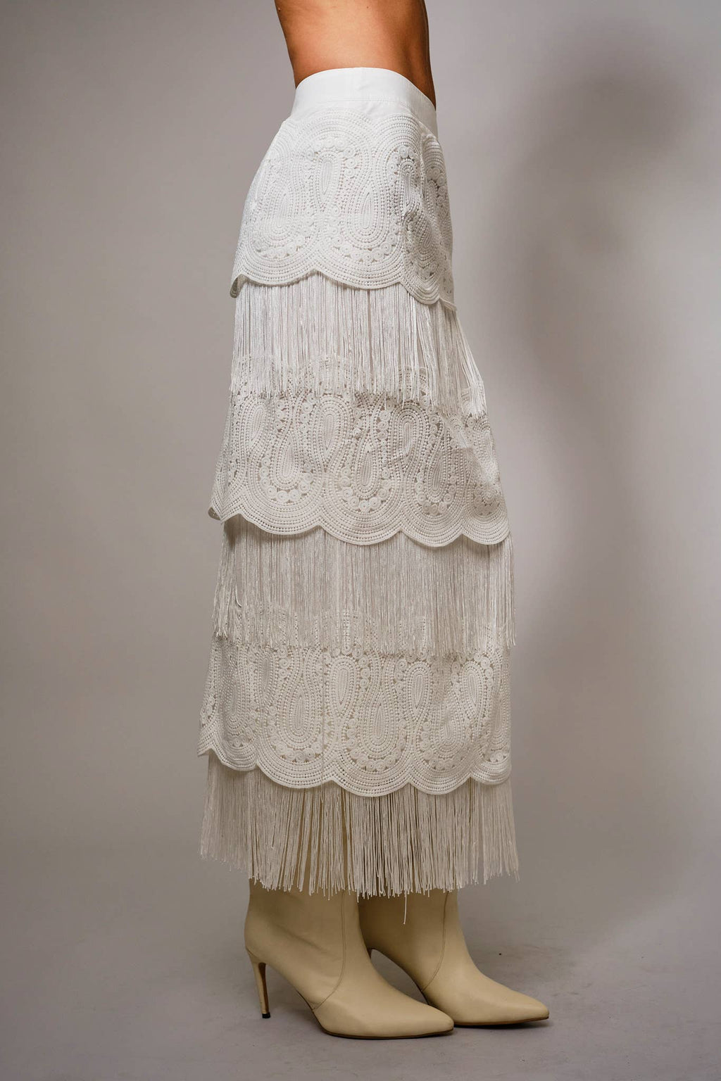 White Lace Fringe Tiered Maxi Skirt