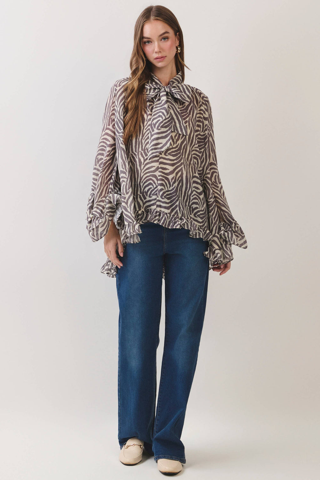 Zebra Print Ruffle Detail High Low Hem Blouse