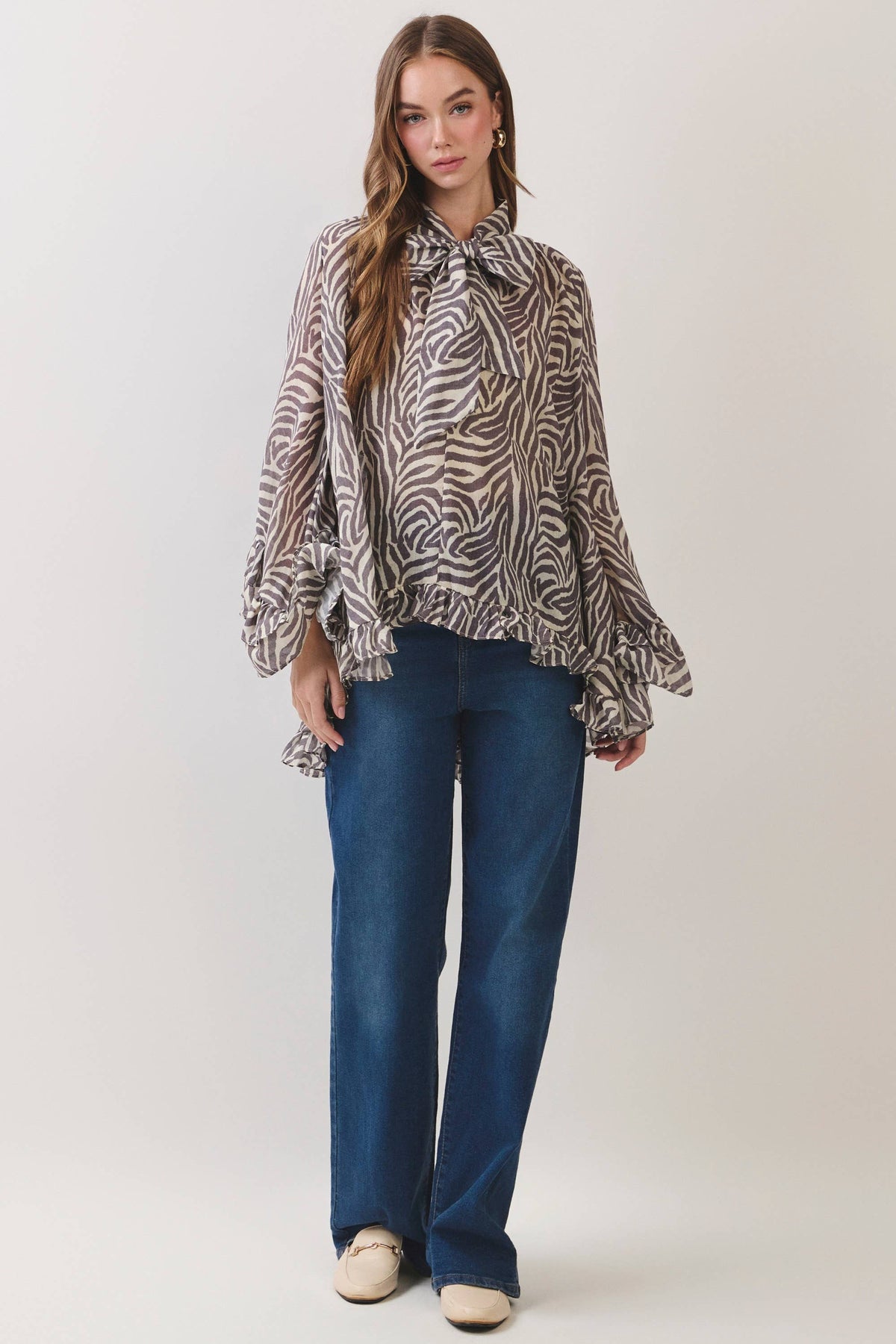 Zebra Print Ruffle Detail High Low Hem Blouse