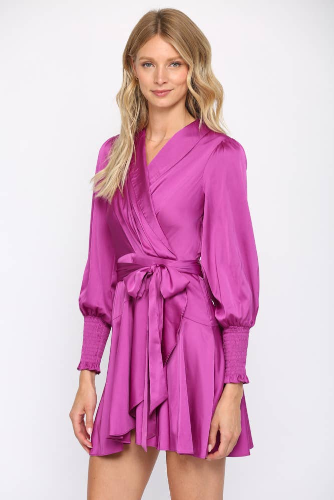 SATIN TIE WAIST WRAP DRESS