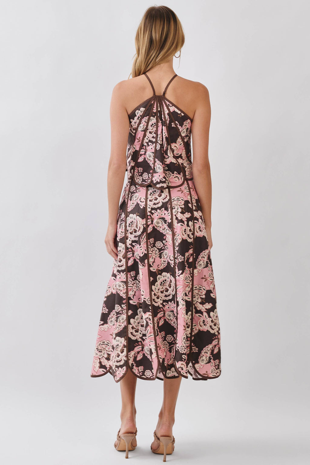 Pink Blush & Brown Floral Print Saclloped Hem Paneled Midi Skirt