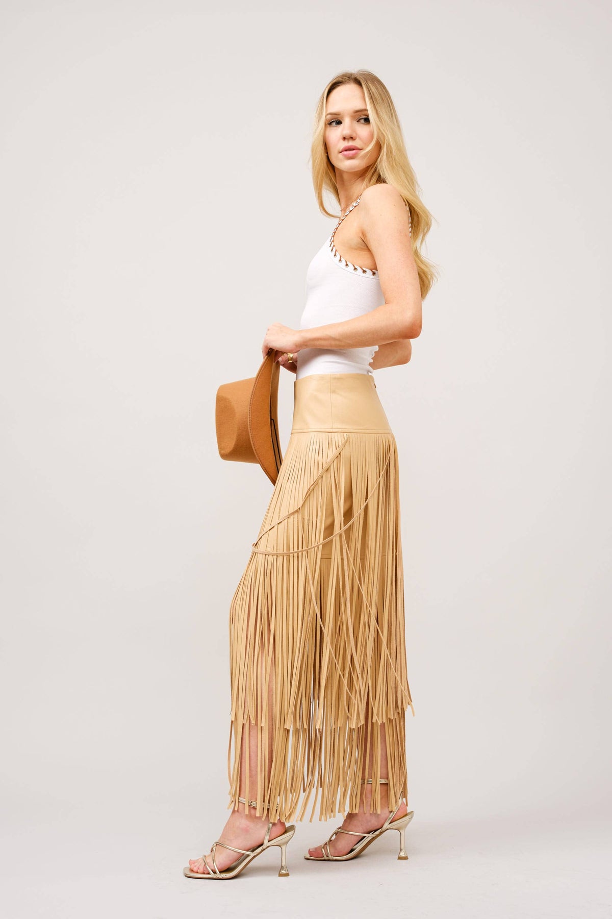 Taupe Leather Tiered Fringe Maxi Skirt