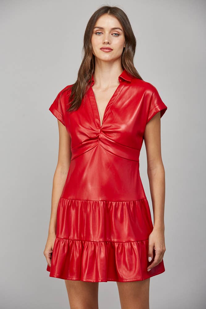 TWISTED FRONT FAUX LEATHER DRESS