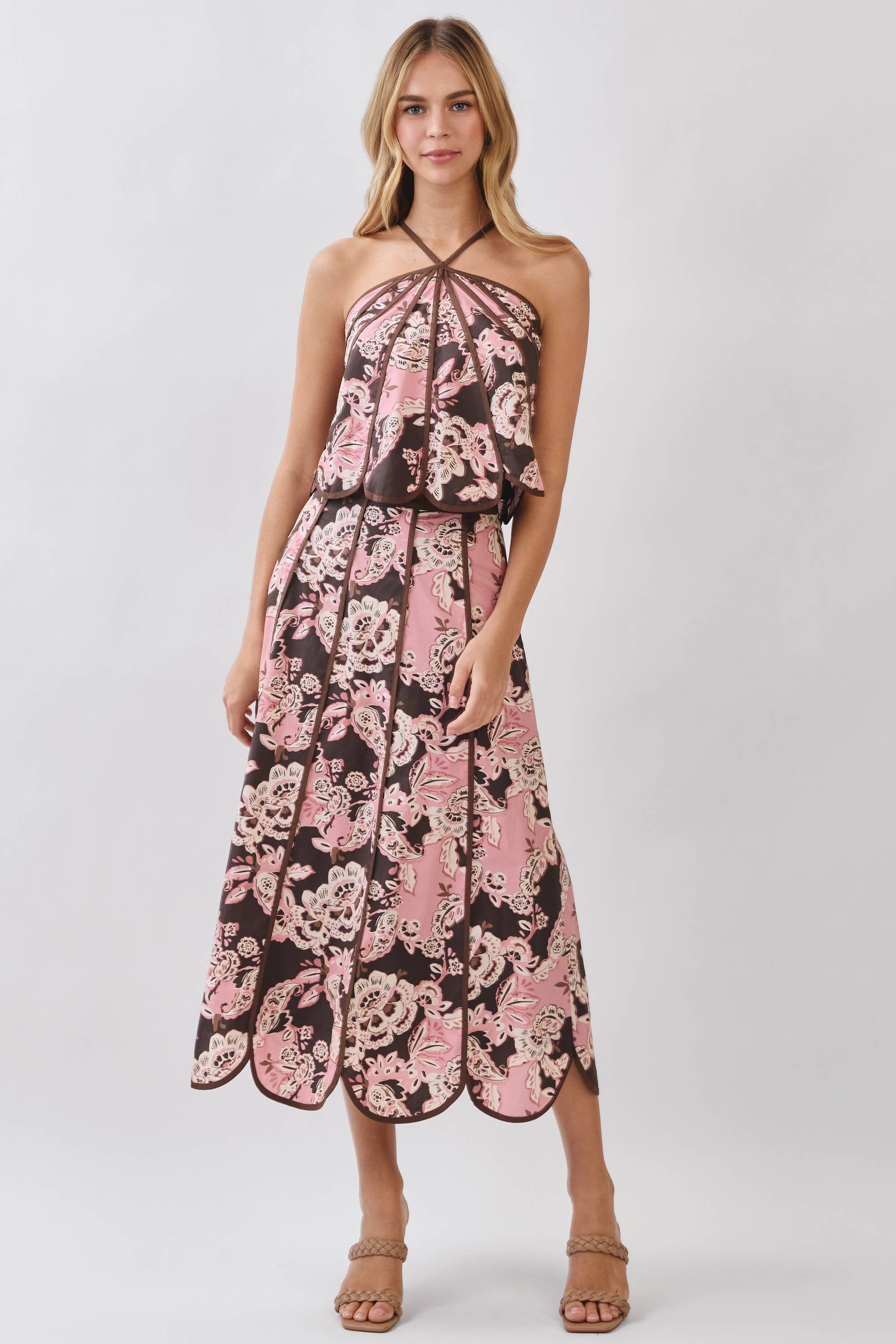 Pink Blush & Brown Floral Print Paneled Detail Halter Top