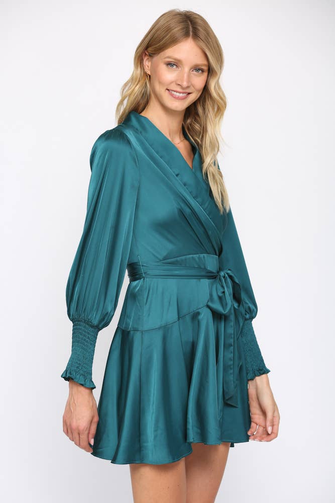 SATIN TIE WAIST WRAP DRESS
