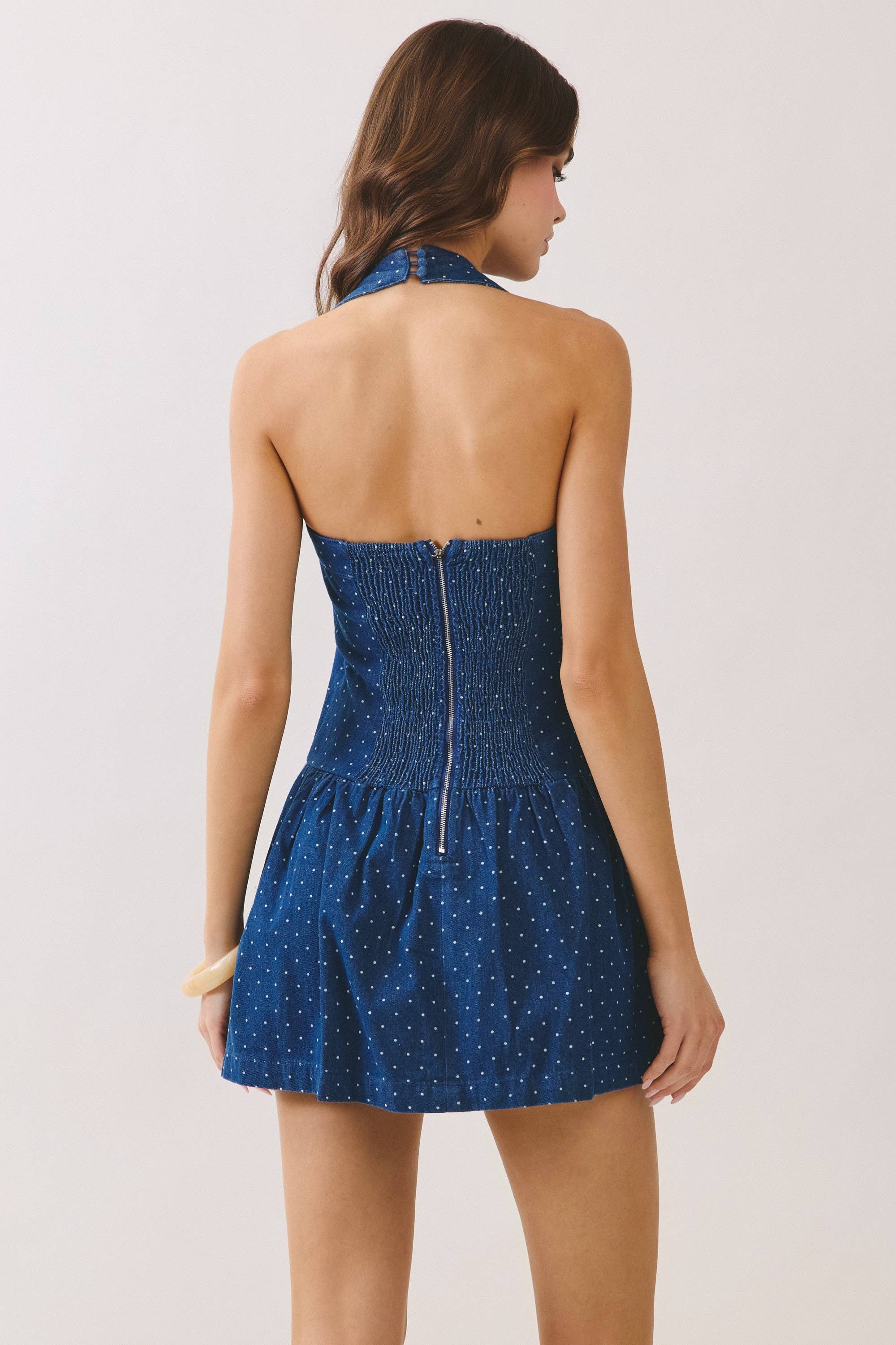 Denim Polka Dot Back Smocked Halter Mini Dress