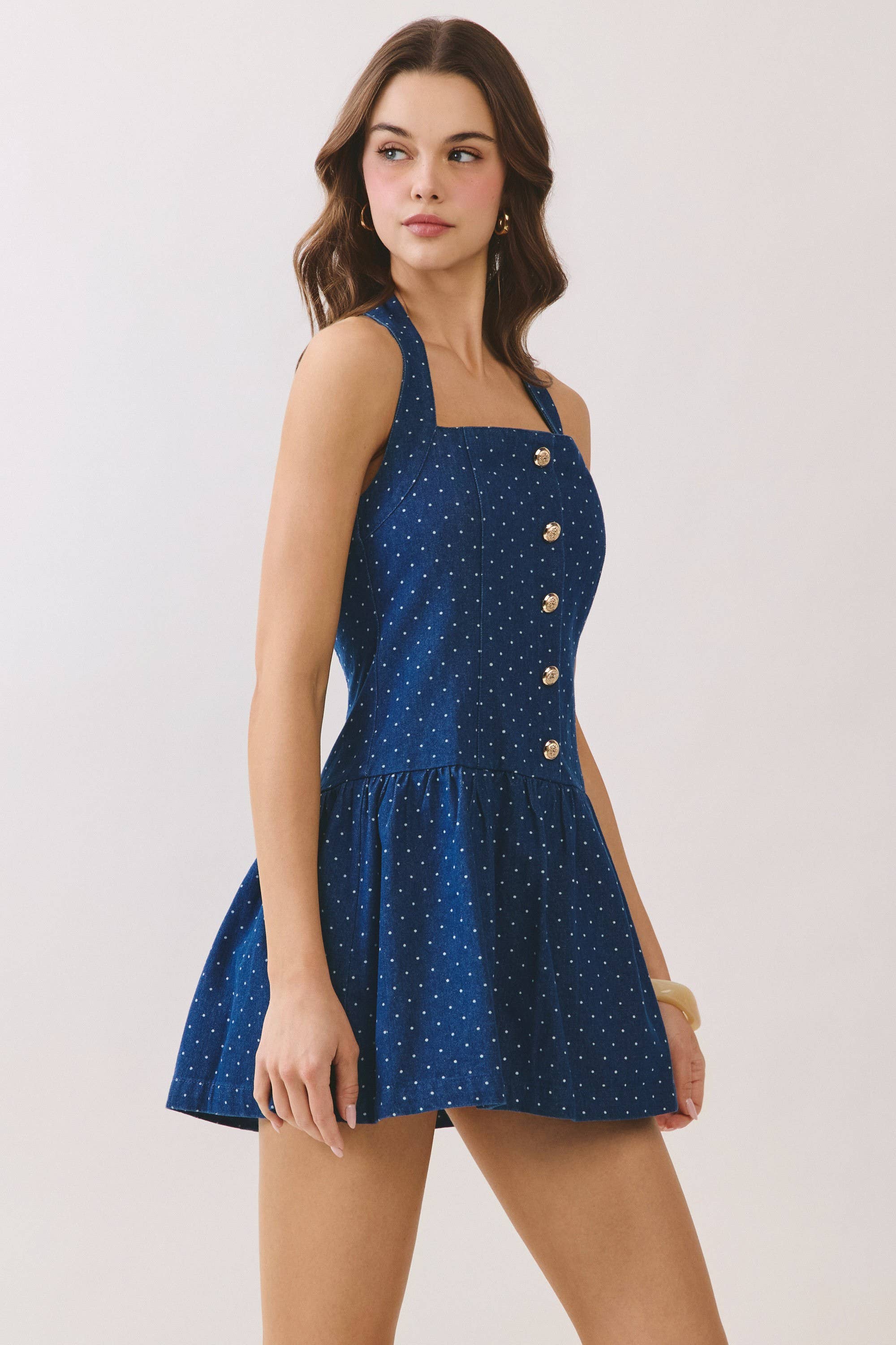 Denim Polka Dot Back Smocked Halter Mini Dress – Johnston's Hat Co