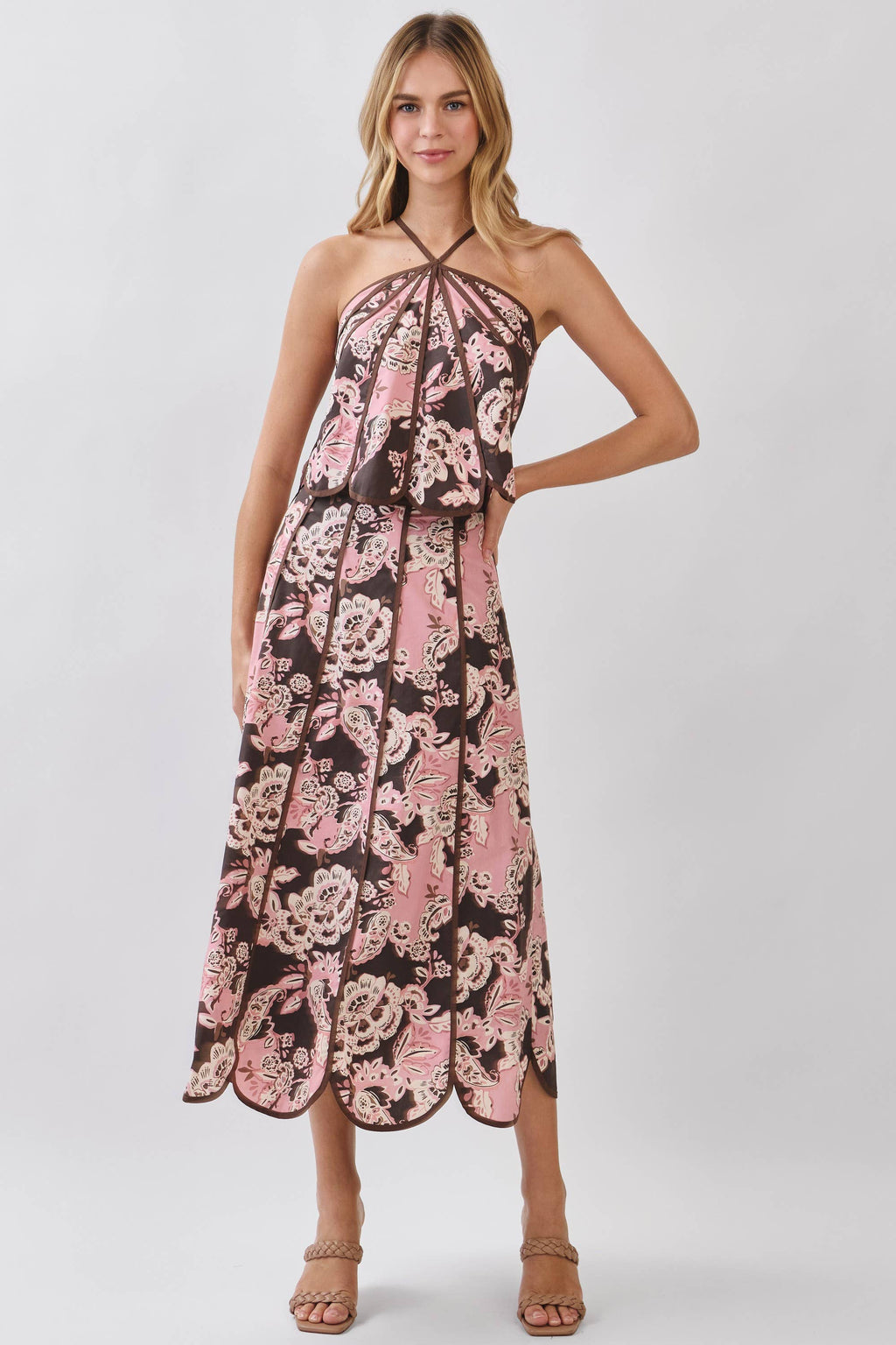 Pink Blush & Brown Floral Print Saclloped Hem Paneled Midi Skirt
