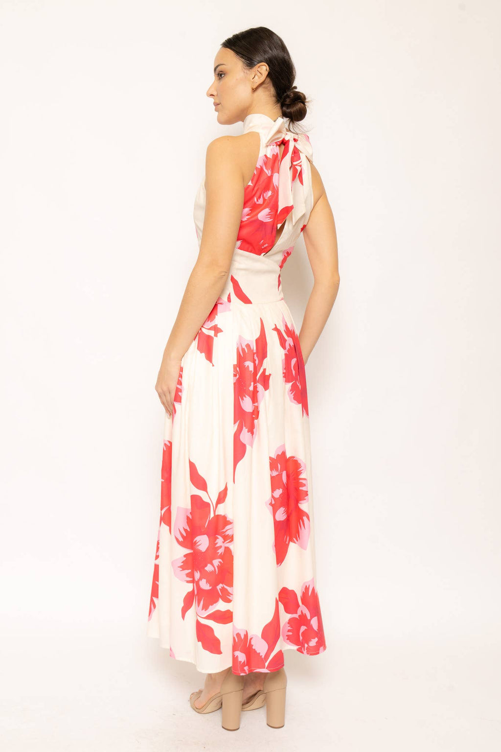 PLEATED FLORAL HALTER NECK DRESS