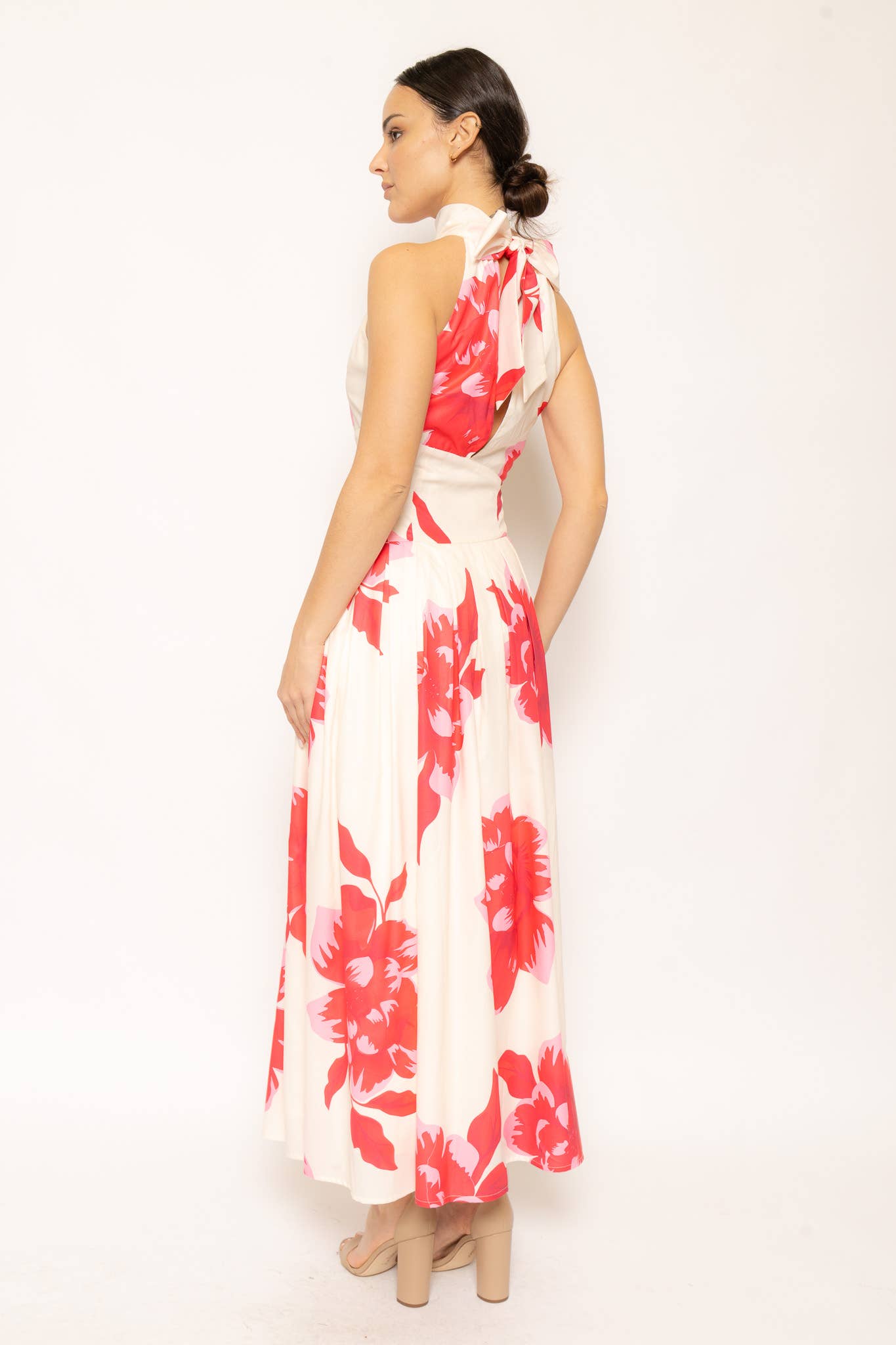 PLEATED FLORAL HALTER NECK DRESS