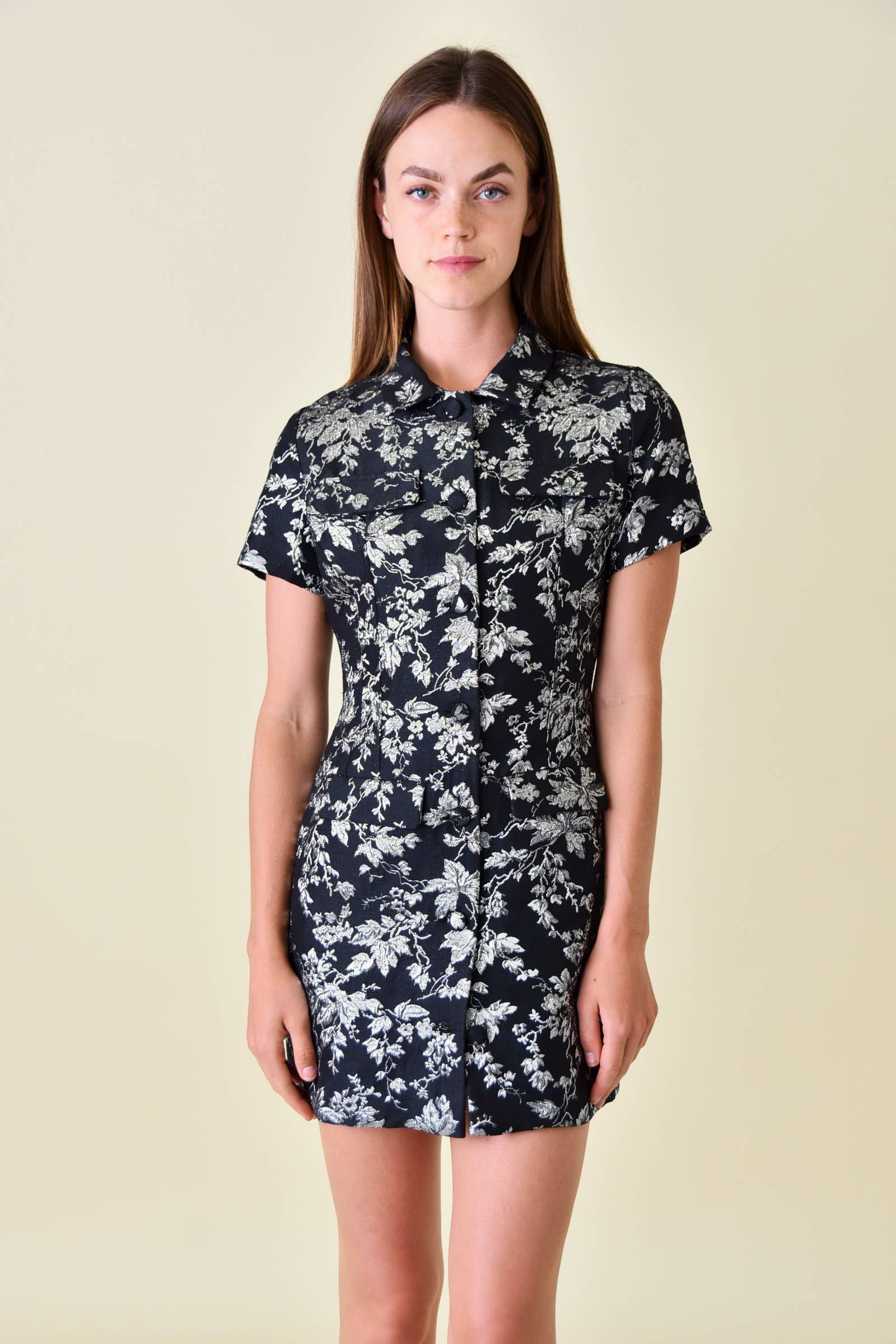 METALLIC JACQUARD SHORT SLEEVE BUTTONED DRESS