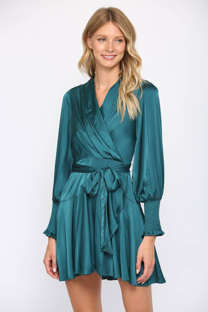 SATIN TIE WAIST WRAP DRESS