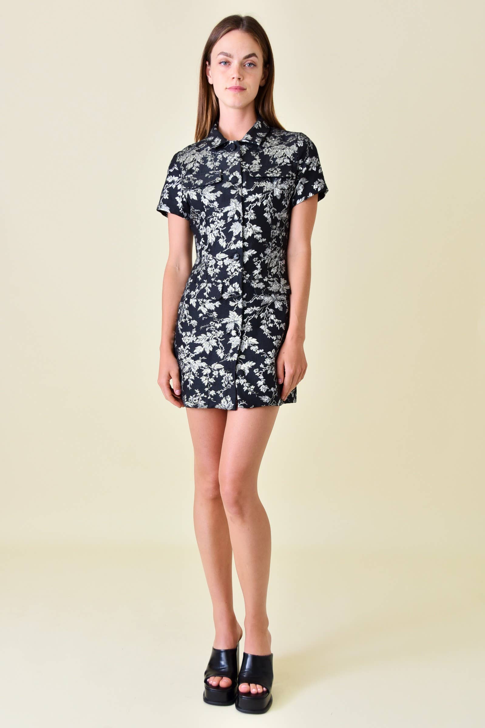 METALLIC JACQUARD SHORT SLEEVE BUTTONED DRESS