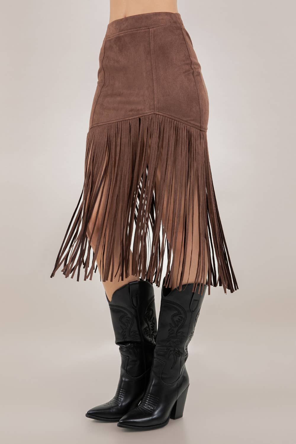 CHOCOLATE FRINGED FAUX SUEDE SKIRT